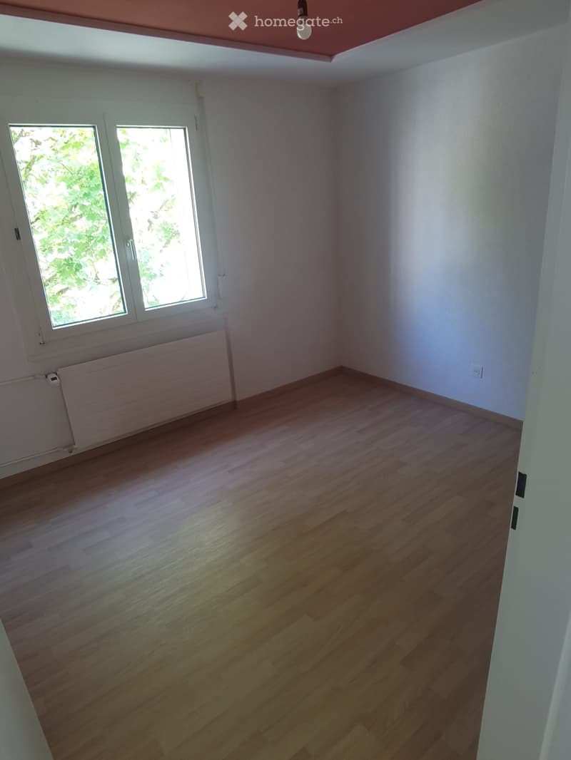 Empty room with wooden flooring, white walls, and large windows with white frames. A radiator is visible below the windows.
