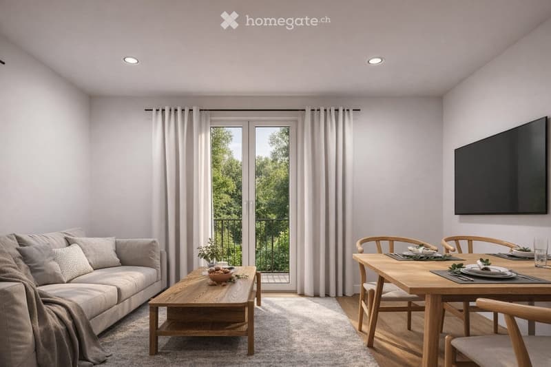 Modern living and dining area with a grey sofa, wooden coffee table, dining table with chairs, and a flat-screen TV mounted on the wall. Large windows with curtains lead to a balcony.