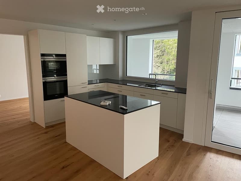 Modern kitchen with white cabinets, black countertops, an island, and built-in oven. Large window provides natural light.