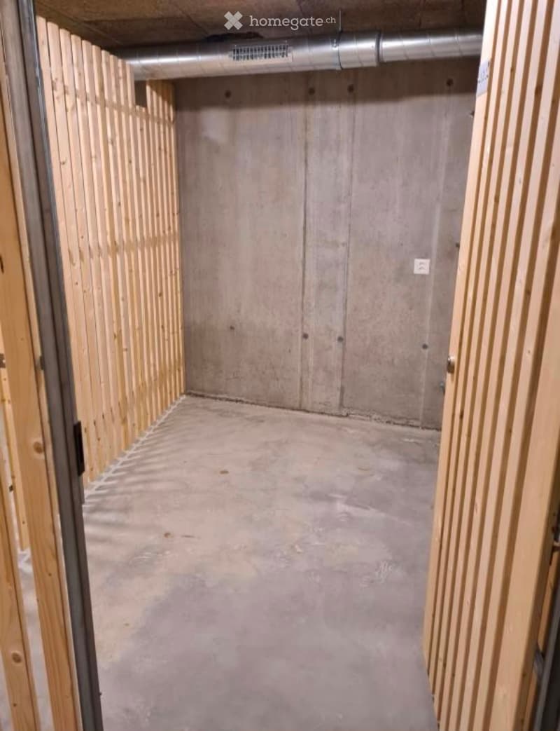 Empty room with unfinished concrete walls and floor, wooden framing on the sides, and exposed metal ductwork on the ceiling.