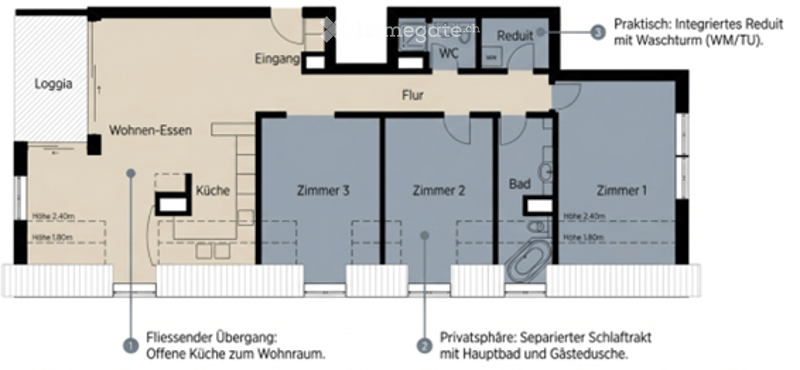 Floor plan of a multi-room apartment with a living-dining area, kitchen, three bedrooms, bathroom, and a separate utility room with a washing machine.