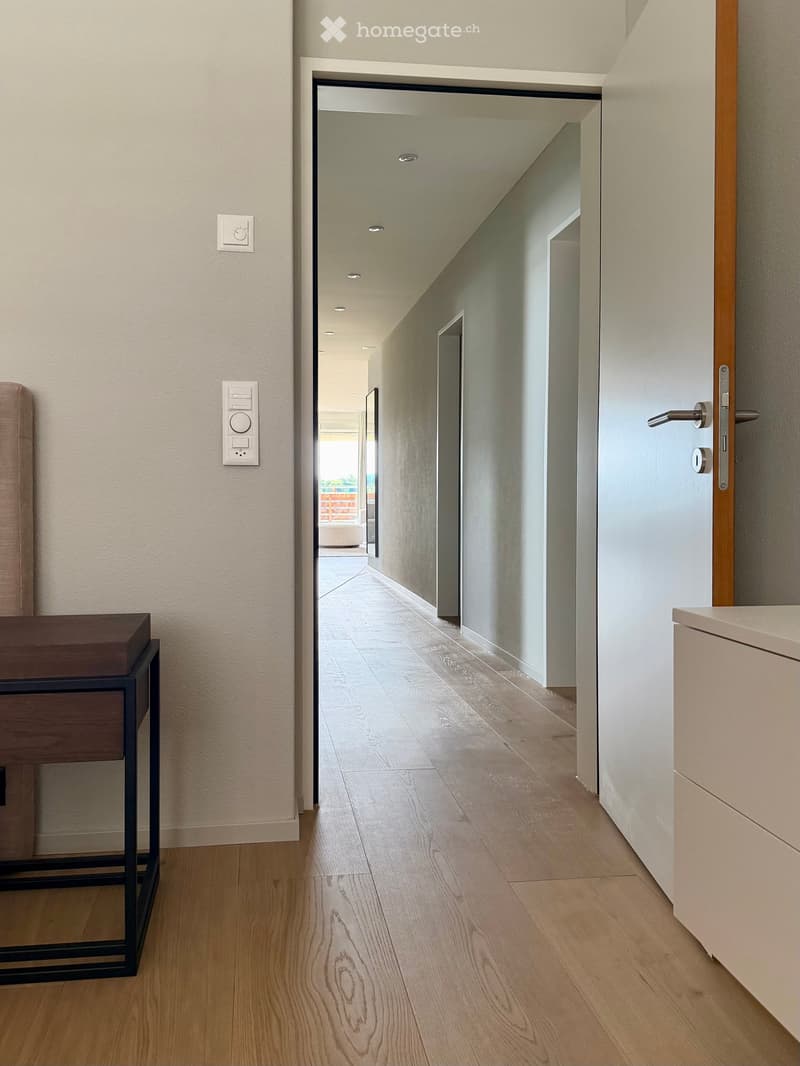 Modern hallway with light wood flooring, white walls, recessed ceiling lights, and a small table on the left side.
