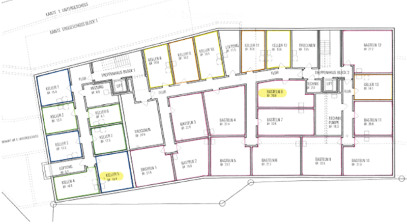 Floor plan of a multi-unit building with labeled rooms and areas, including apartments, technical rooms, and common spaces.