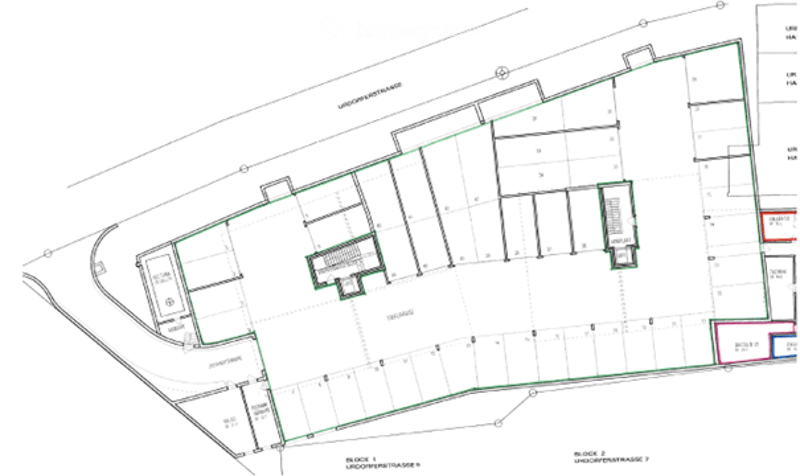 Floor plan of a multi-building complex with labeled blocks, rooms, and outdoor areas.