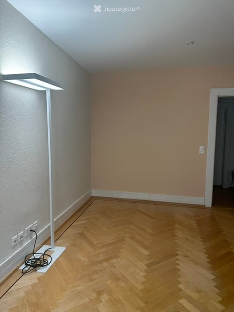 Empty room with wooden herringbone flooring, white walls, and a single modern floor lamp. No furniture or equipment present.