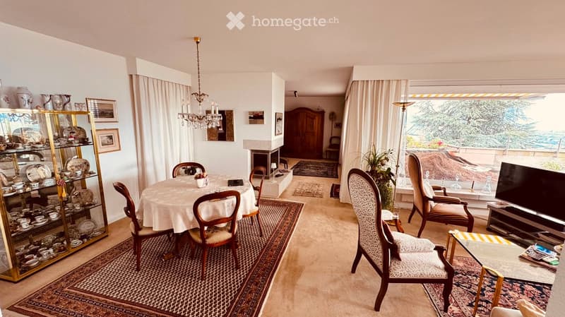 A well-furnished living and dining area with a dining table, chairs, a television, a chandelier, and a fireplace. The room features large windows with curtains and a view of the outdoors.