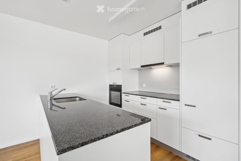 modern kitchen, granite countertop, stainless steel sink, white cabinets, oven, underfloor heating