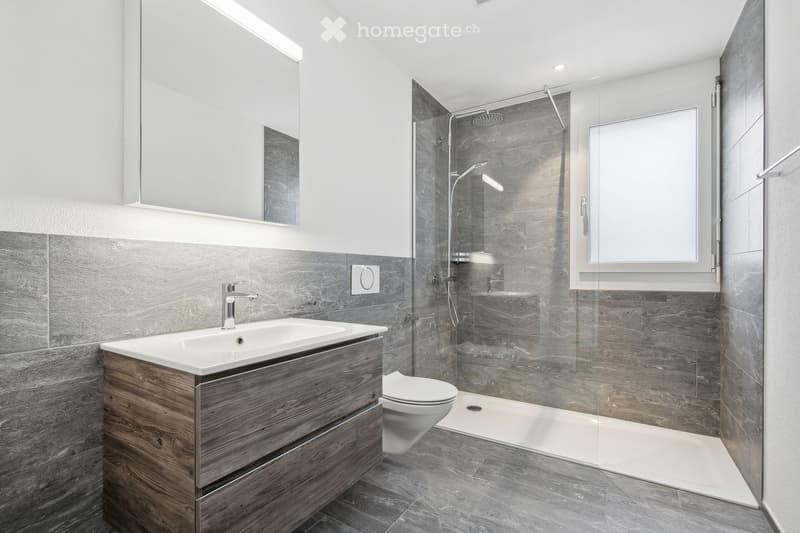 Modern bathroom with a wooden vanity, white sink, chrome faucet, toilet, and a glass-enclosed shower with a modern showerhead. Grey tiles and a large mirror are visible.