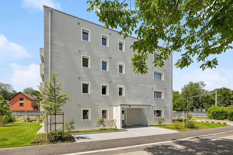 Contemporary apartment building, grey facade, rectangular windows, single parking spot at the entrance