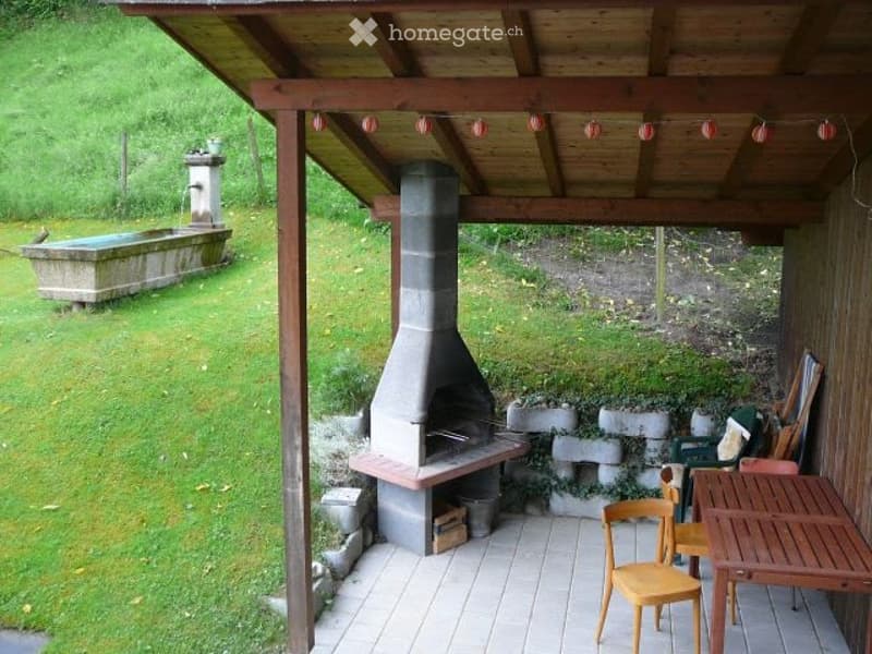 Outdoor patio with wooden roof, stone chimney, wooden table and chairs, and a grassy area with a stone well.