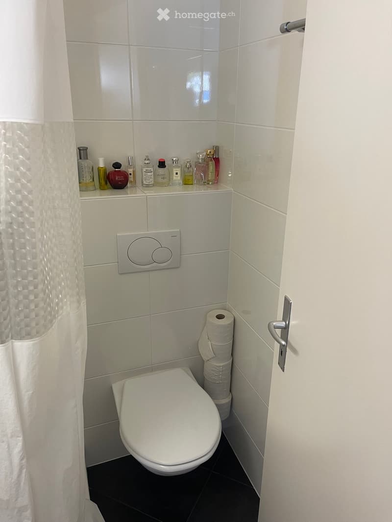 Modern bathroom with white tiled walls, a toilet, a stack of toilet paper, and a shelf with perfume bottles. A shower curtain is visible on the left side.