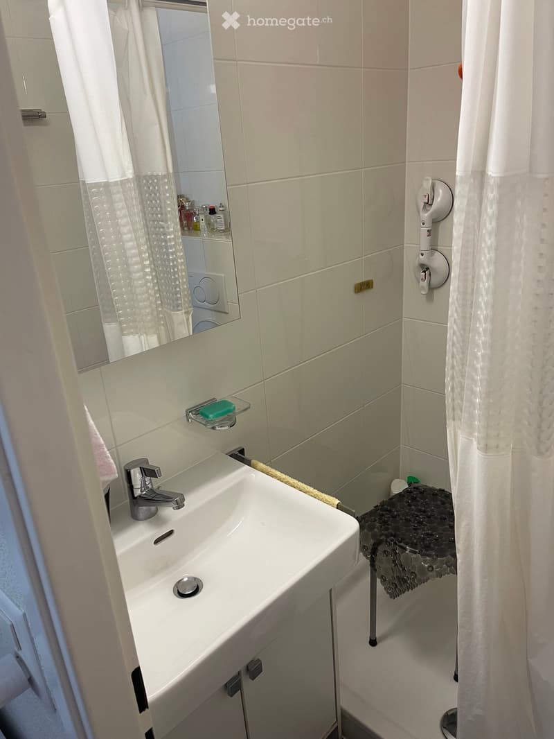 Modern bathroom with a white sink, chrome faucet, mirror, shower curtain, and a small shower shelf holding toiletries.