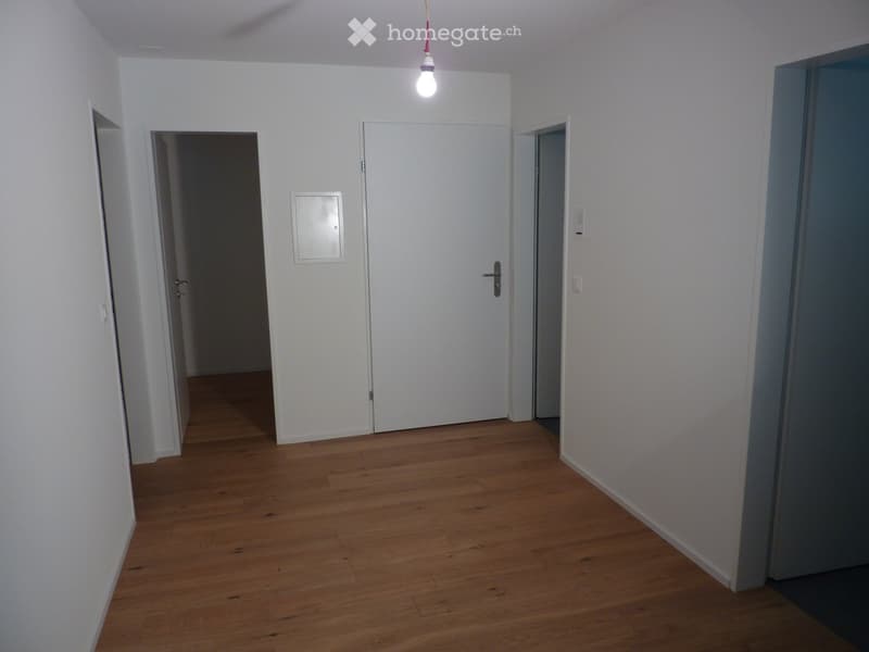 Empty hallway with wooden flooring, white walls, and several doors leading to other rooms.