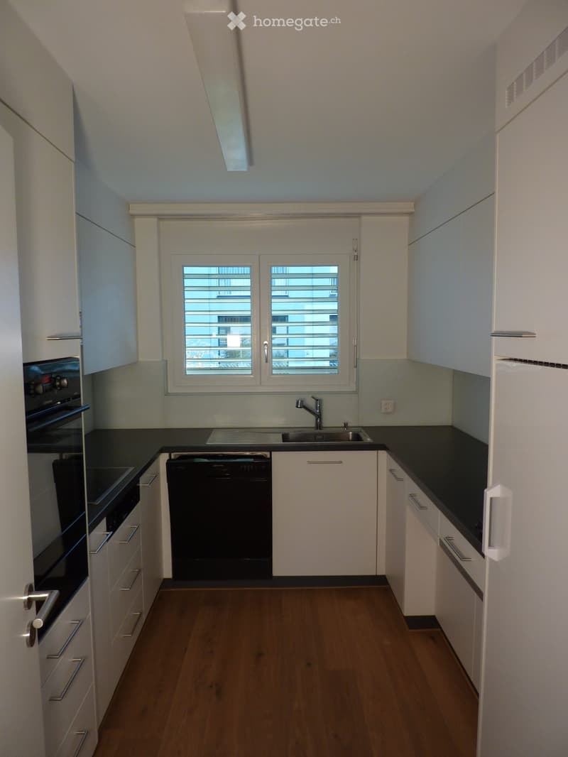 Modern kitchen with white cabinets, black countertops, wooden flooring, and stainless steel appliances including a sink, oven, and dishwasher.