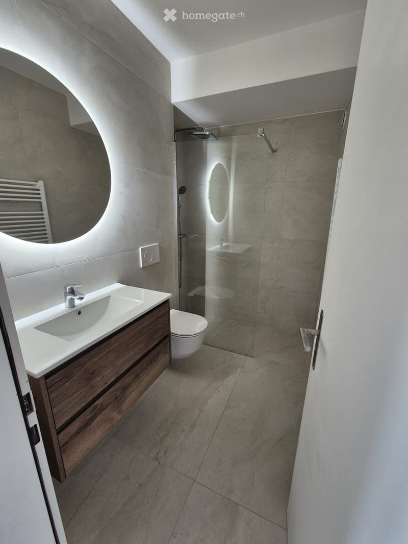 Modern bathroom with a white sink, dark wooden cabinet, toilet, glass-enclosed shower, and a radiator. The walls and floor are tiled in a light, neutral tone.