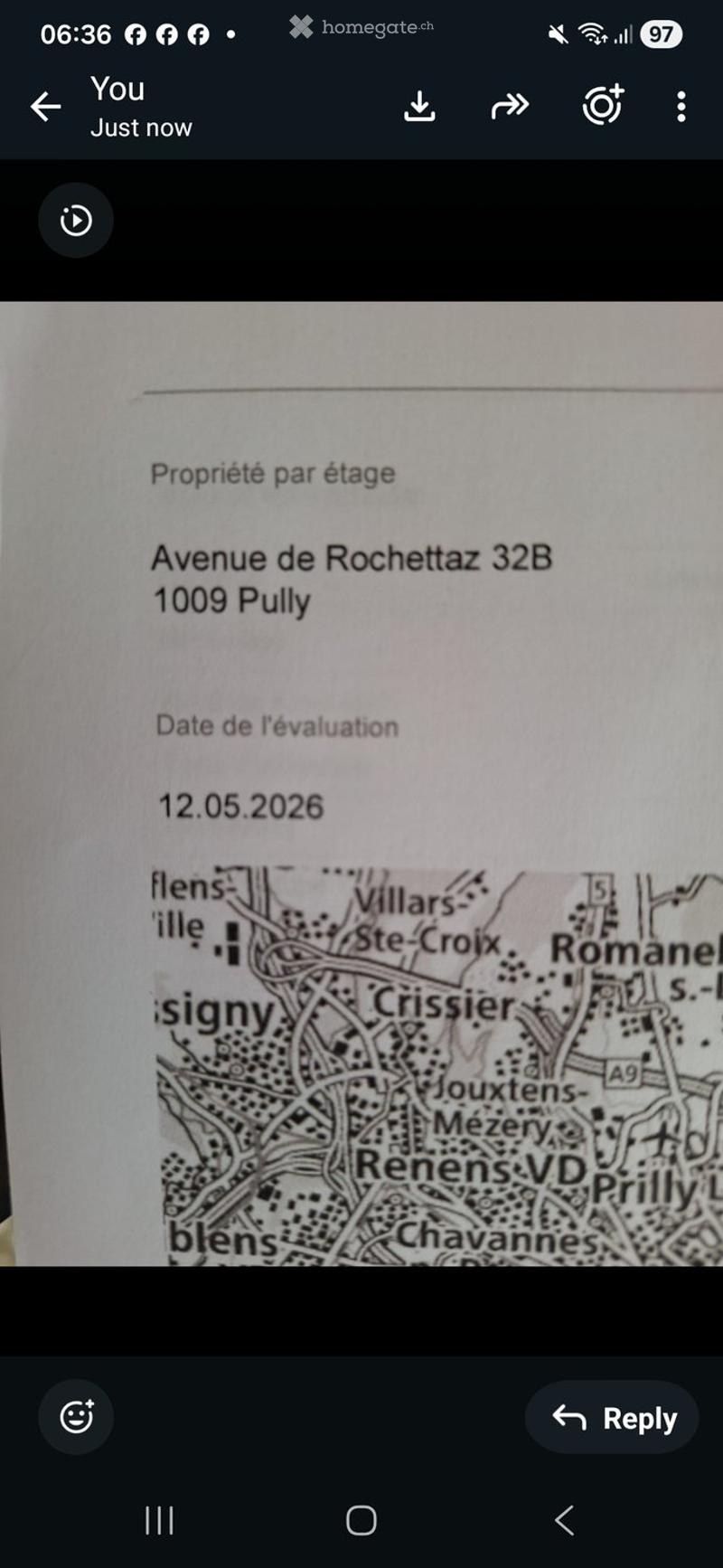 Floor plan of Avenue de Rochetaz 32B, 1009 Pully, dated 12.05.2026, showing surrounding areas including Villars, Ste-Croix, Romanel, Crissier, Jouxtens-Mezery, Renens-VD, Chavannes, and Prilly.