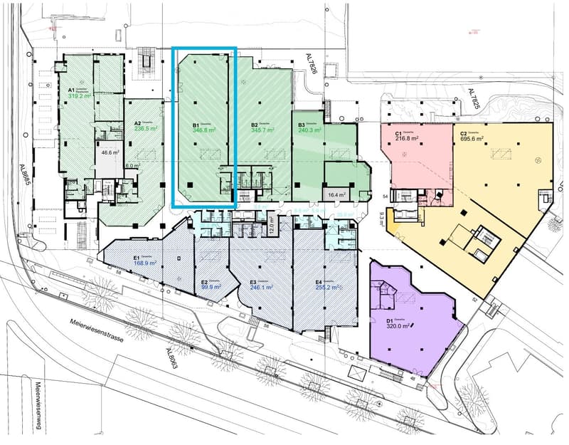 Floor plan showing multiple residential units with labeled areas and dimensions, including living spaces, bedrooms, and bathrooms.