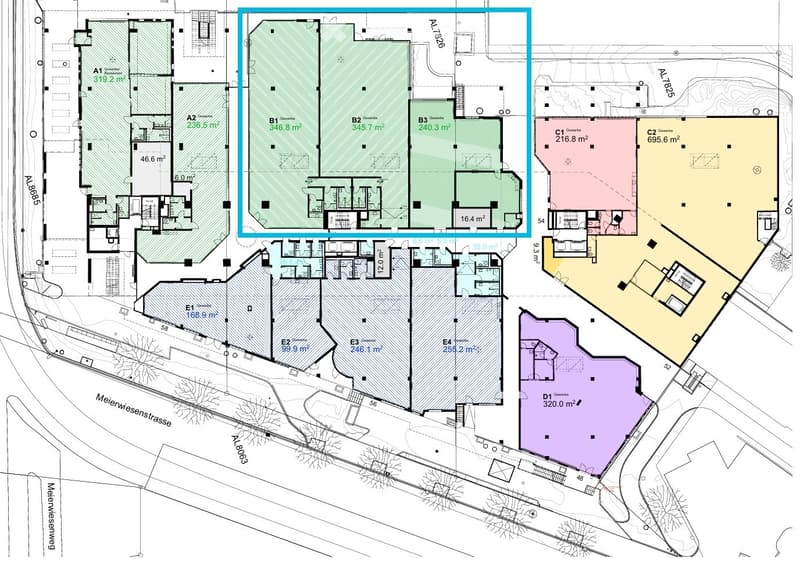 Floor plan of a multi-unit building with labeled rooms and areas, including residential units, common areas, and outdoor spaces.