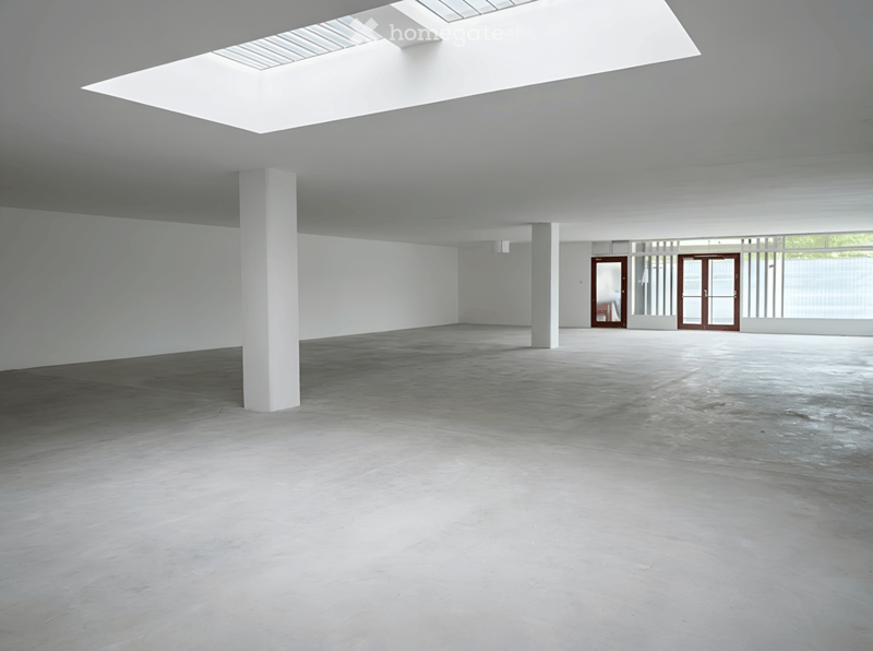 Empty room with concrete floor, white walls, and large skylight. Minimalist design with no furniture or equipment.