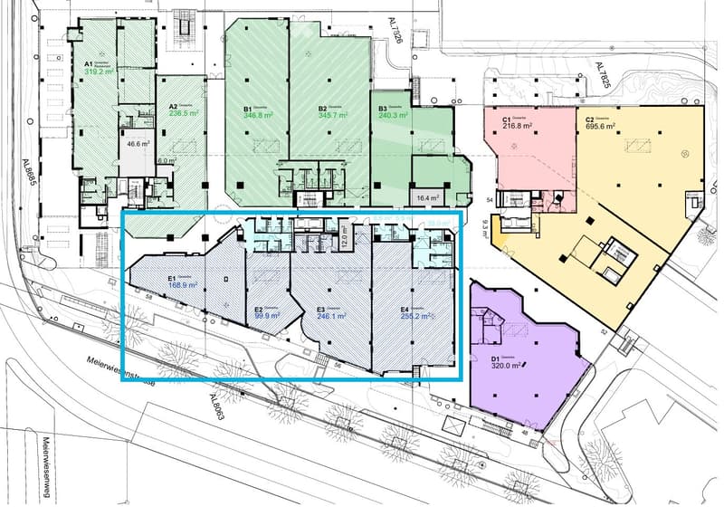 Floor plan of a multi-unit building with labeled rooms and areas, including living spaces, bedrooms, and bathrooms.