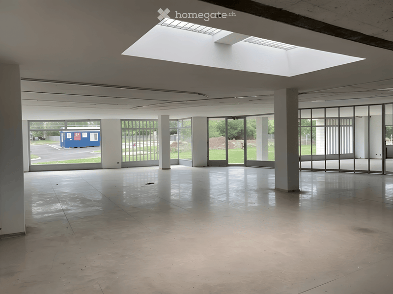 Empty, spacious room with polished concrete floors, large glass walls, and skylights allowing natural light to flood the space.