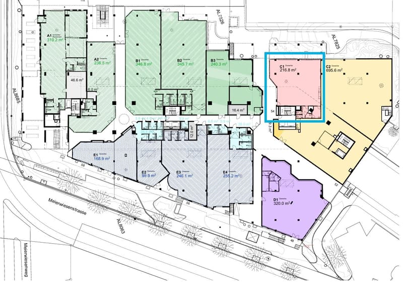 Floor plan of a multi-unit building with labeled rooms and areas, including residential units, common areas, and outdoor spaces.
