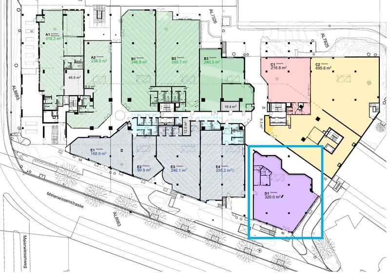 Floor plan of a multi-unit building with labeled areas including residential units, commercial spaces, and common areas.