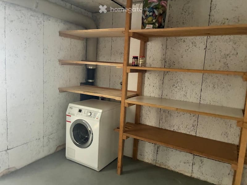 A small utility room with a white washing machine and wooden shelves on the wall.