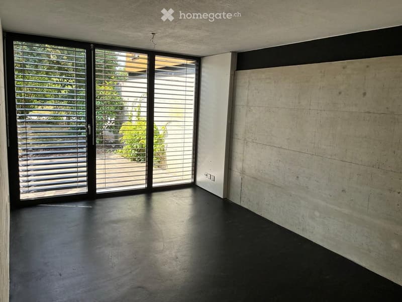 Empty room with dark polished concrete floor, large sliding glass doors with metal blinds, and textured concrete walls.