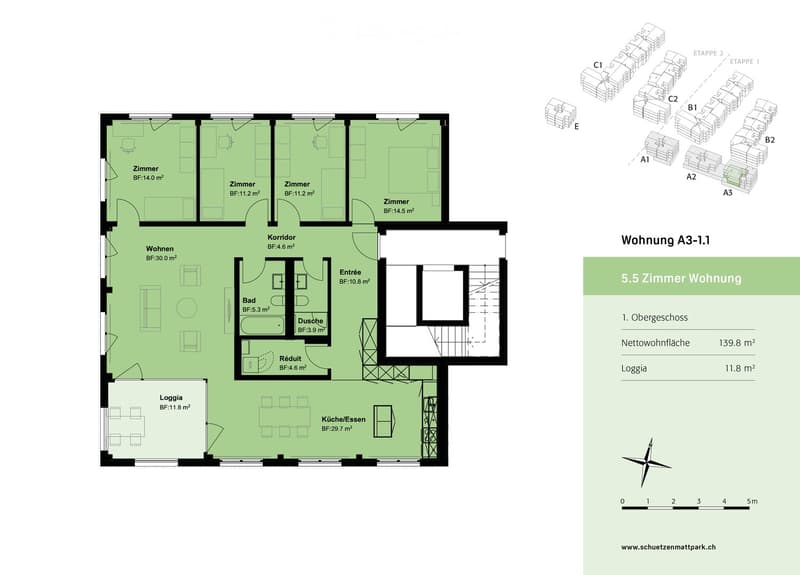 Floor plan of a 5.5-room apartment on the upper floor, including living room, kitchen/dining,4 bedrooms, bathroom, shower, and loggia.