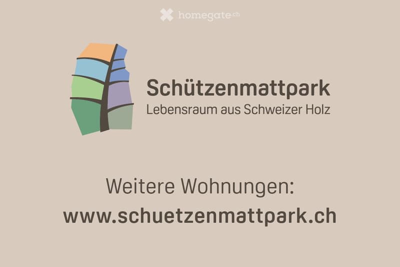 Logo and text for Schützenmattpark, featuring a stylized leaf design and the phrase "Lebensraum aus Schweizer Holz" along with a website link.