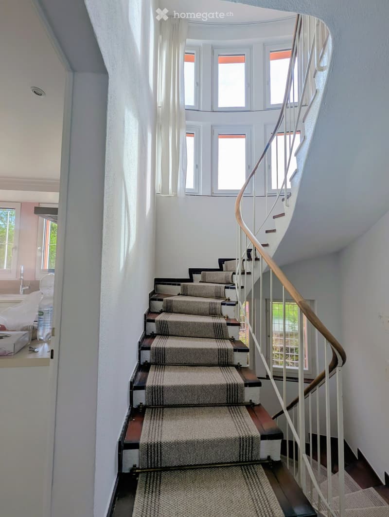 Spiral staircase with wooden handrail and patterned carpeted steps, leading to an upper level with large windows and white walls.