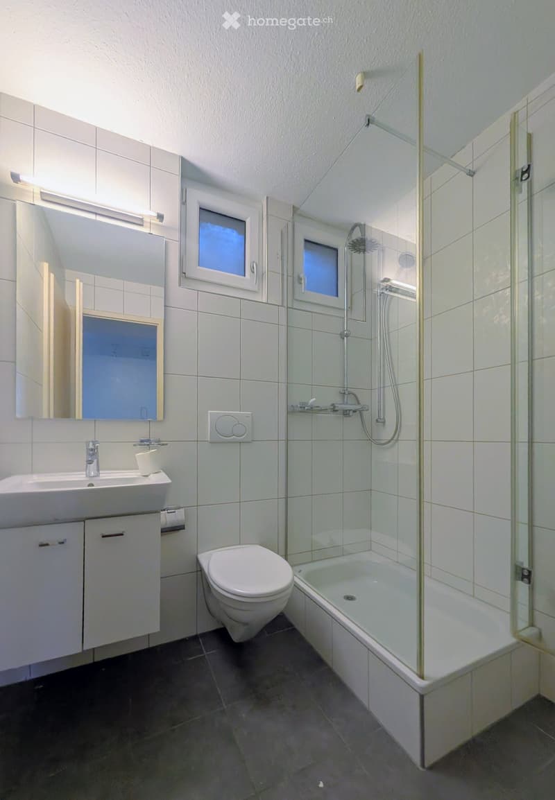 Modern bathroom with white tiles, a sink with a mirror, a toilet, a bathtub with a glass shower enclosure, and a showerhead.