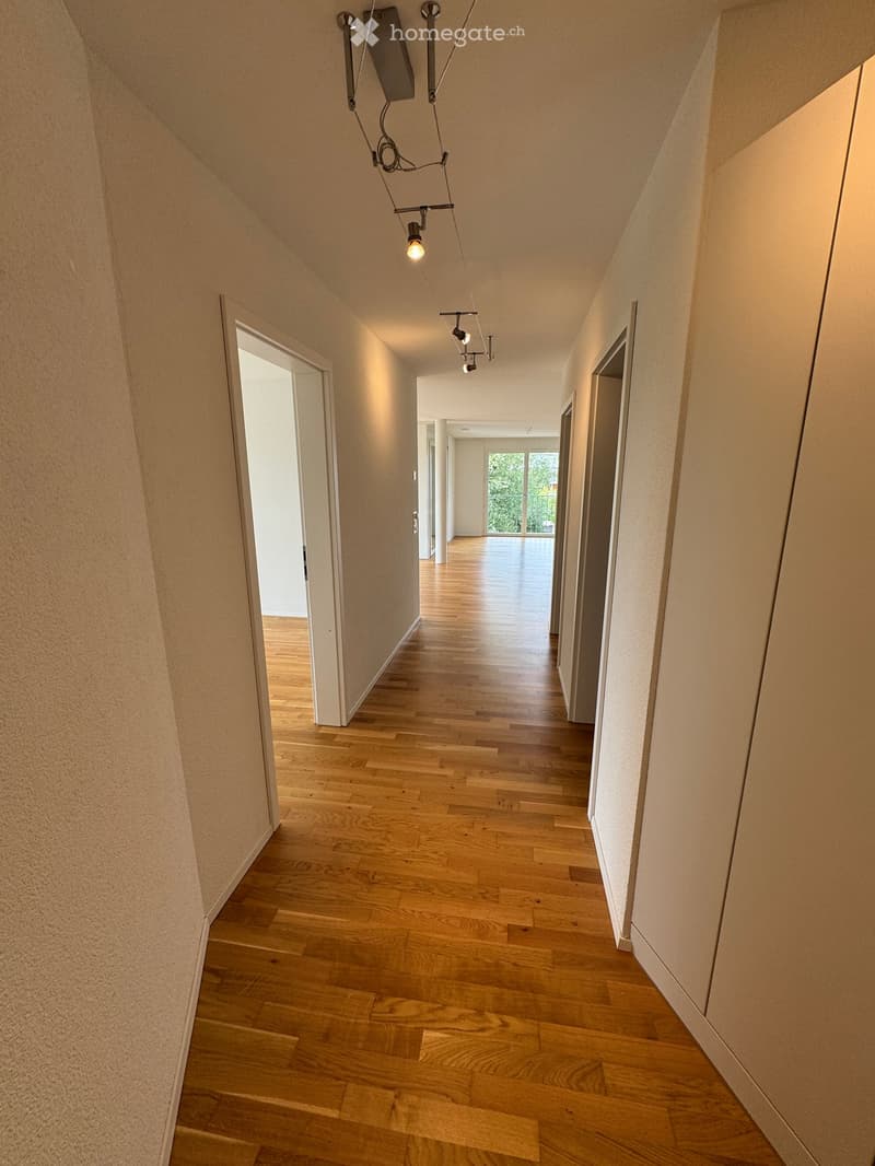 A long, narrow hallway with wooden flooring and white walls, featuring recessed lighting and several open doors leading to other rooms.