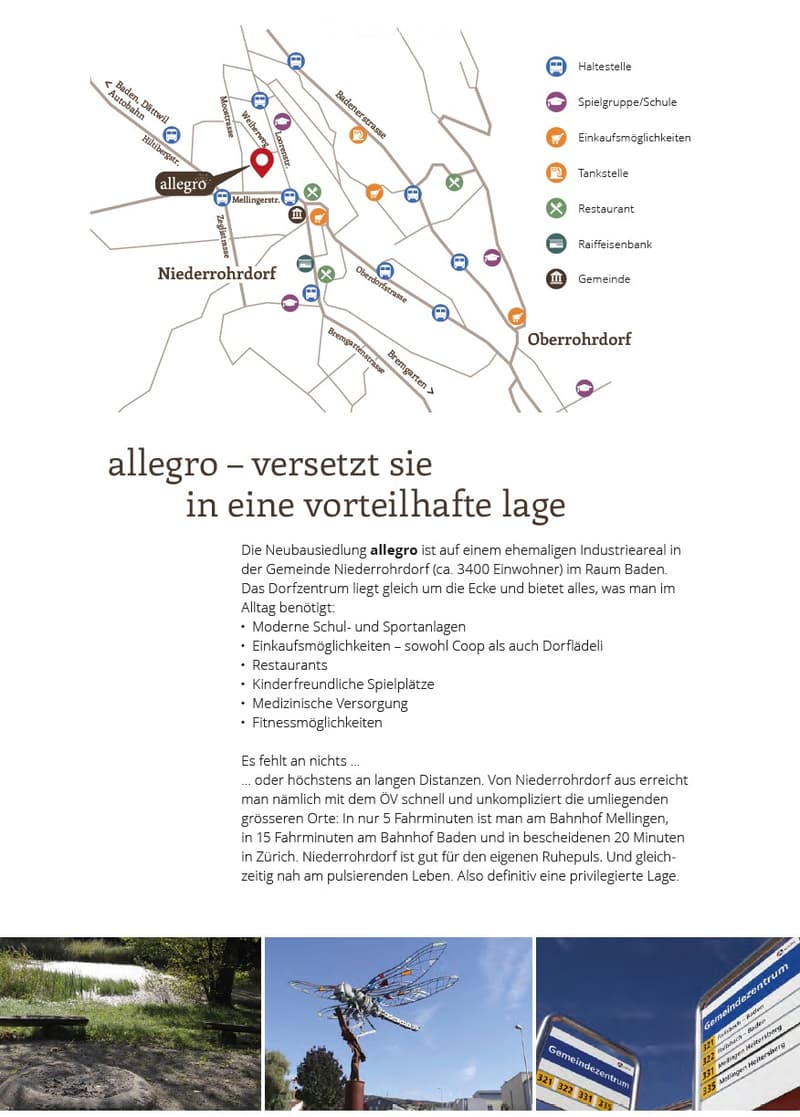 Map showing the location of Allegro residential area in Niederrohrdorf, near Baden, with nearby amenities and transportation options.