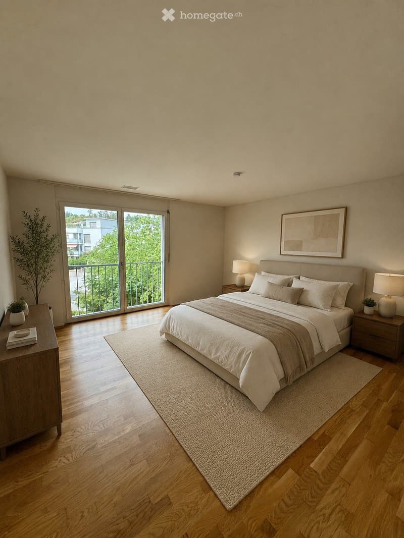 Modern bedroom with a large bed, nightstands, lamps, side table, and a view of a balcony with greenery outside.