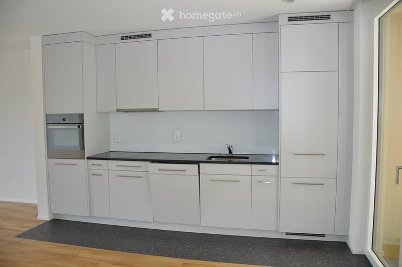 Modern kitchen with white cabinets, black countertop, stainless steel sink, and built-in oven.