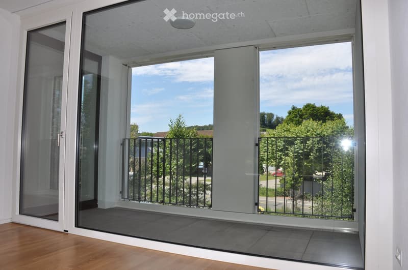 Balcony with large glass sliding doors, black metal railing, wooden floor inside, and view of greenery and road outside.