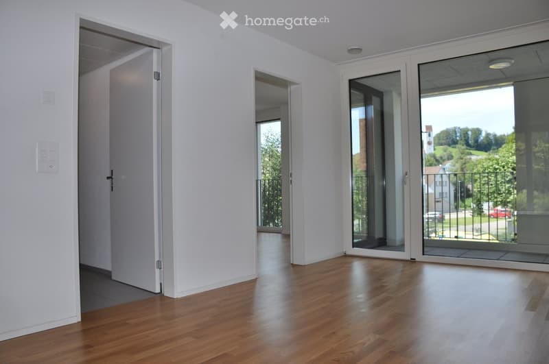 Empty room with wooden flooring, white walls, and large glass doors leading to a balcony with a view of greenery and a town.