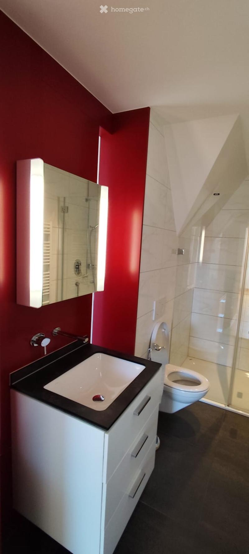 Modern bathroom with red accent wall, white vanity with sink, toilet, and glass-enclosed shower. Features a large mirror with built-in lighting.