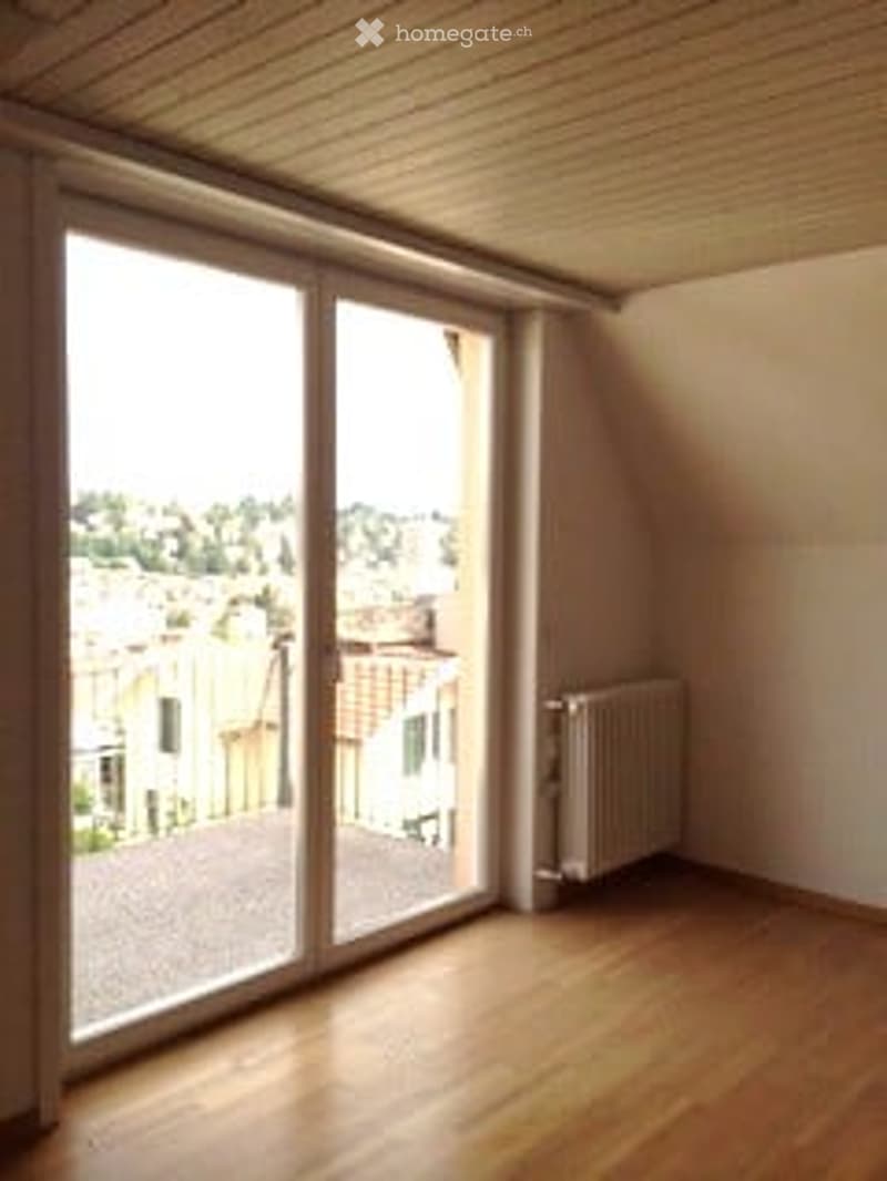 Empty room with wooden flooring, large sliding glass doors leading to a balcony, radiator, and a view of the city.