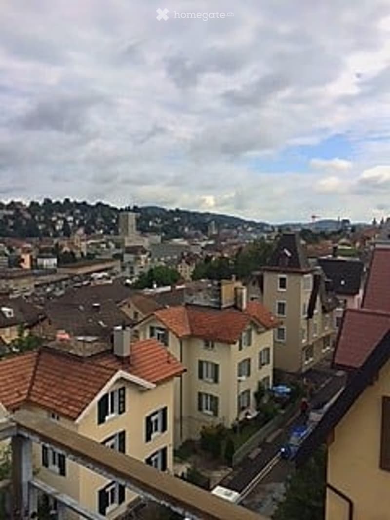 Balcony view overlooking a cityscape with multiple buildings, rooftops, and distant hills under a partly cloudy sky.
