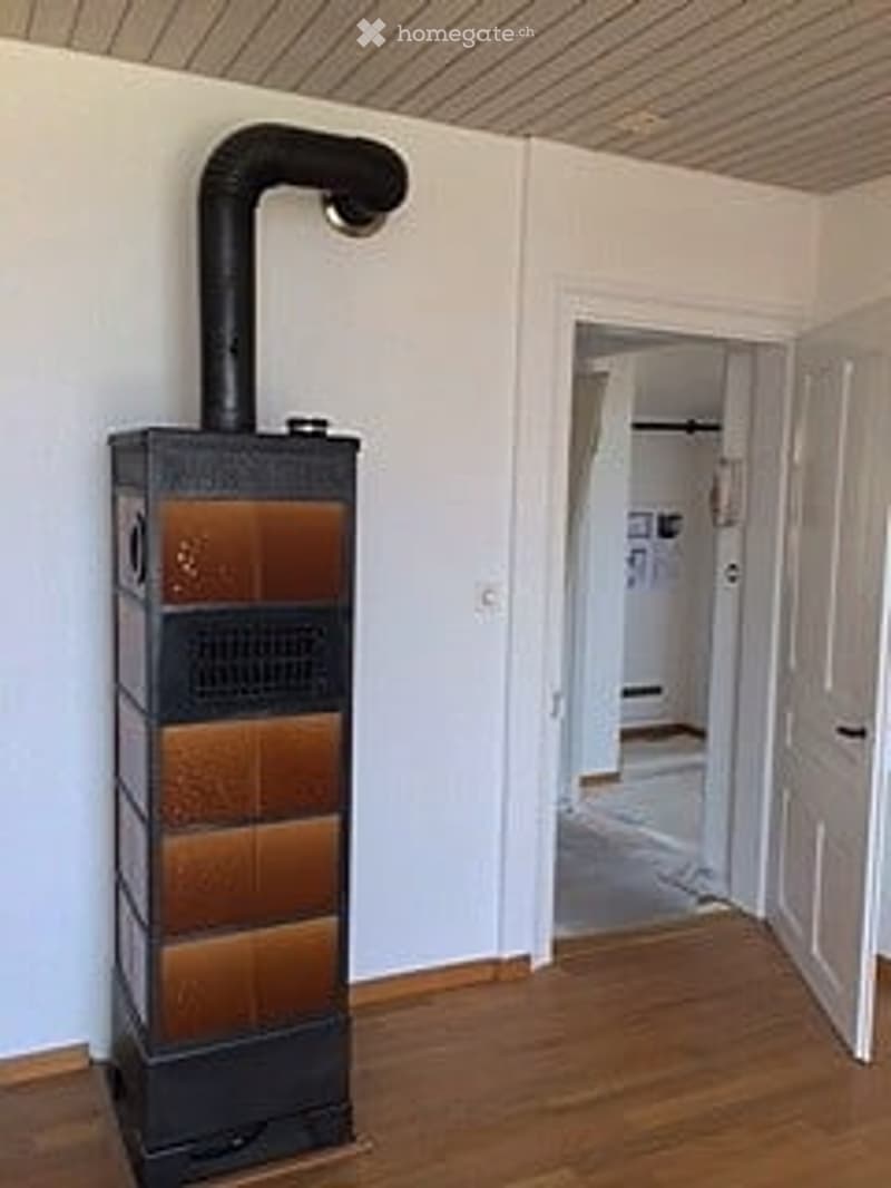 Empty room with wooden flooring, white walls, and a visible heating unit with a chimney pipe. The room is unfurnished and appears to be a utility or storage space.
