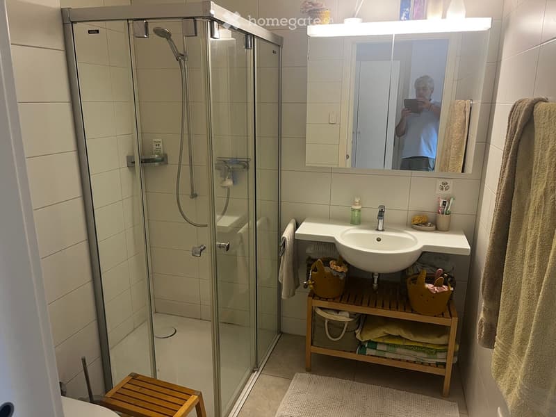 Modern bathroom with a glass-enclosed shower, a white sink with a mirror above it, and a wooden shelf holding towels and baskets.