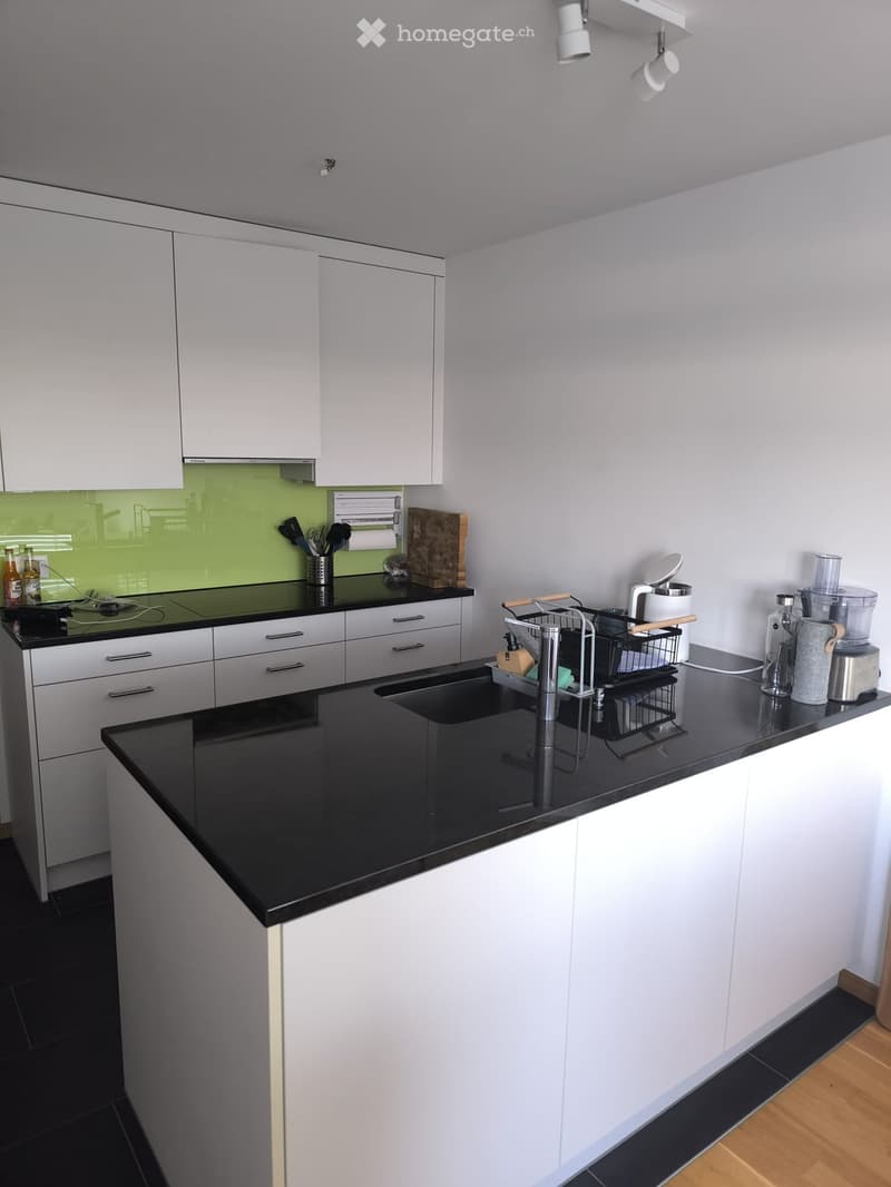 Modern kitchen with white cabinets, black countertops, and stainless steel appliances. Features a sink, dish rack, blender, and various kitchen items on the counter.