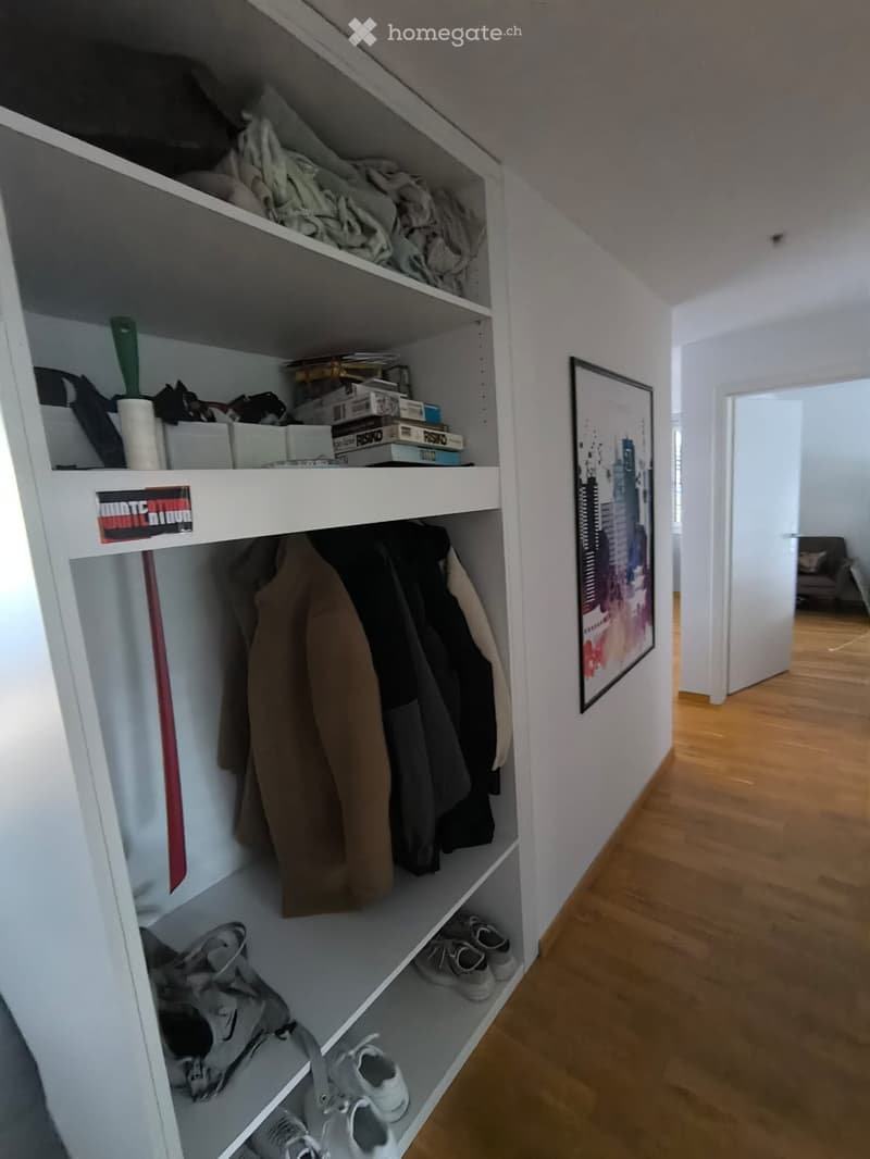 A hallway with a built-in white shelving unit containing folded clothes, shoes, and storage boxes. The hallway has wooden flooring and a framed picture on the wall.
