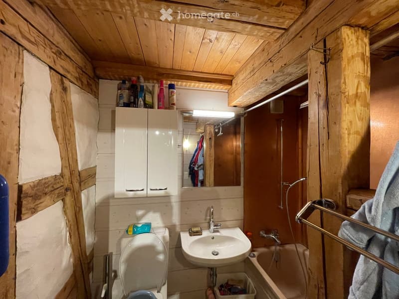 Bathroom with wooden ceiling and walls, featuring a toilet, sink, mirror, cabinet, and bathtub. Cleaning supplies are on the cabinet and a towel hangs on the rack.