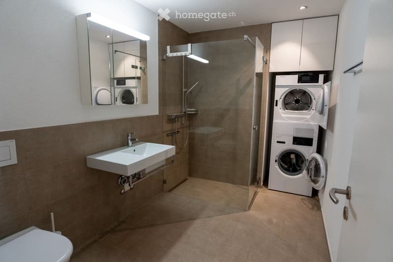 Modern bathroom with a white sink, mirror, toilet, glass-enclosed shower, and stacked washing machine and dryer.