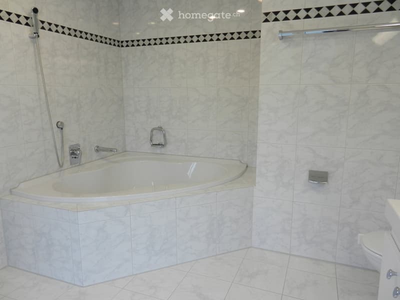 Modern bathroom with a large, corner bathtub, marble tiles, and a separate toilet area. Features include a shower handle, chrome fixtures, and a sleek design.