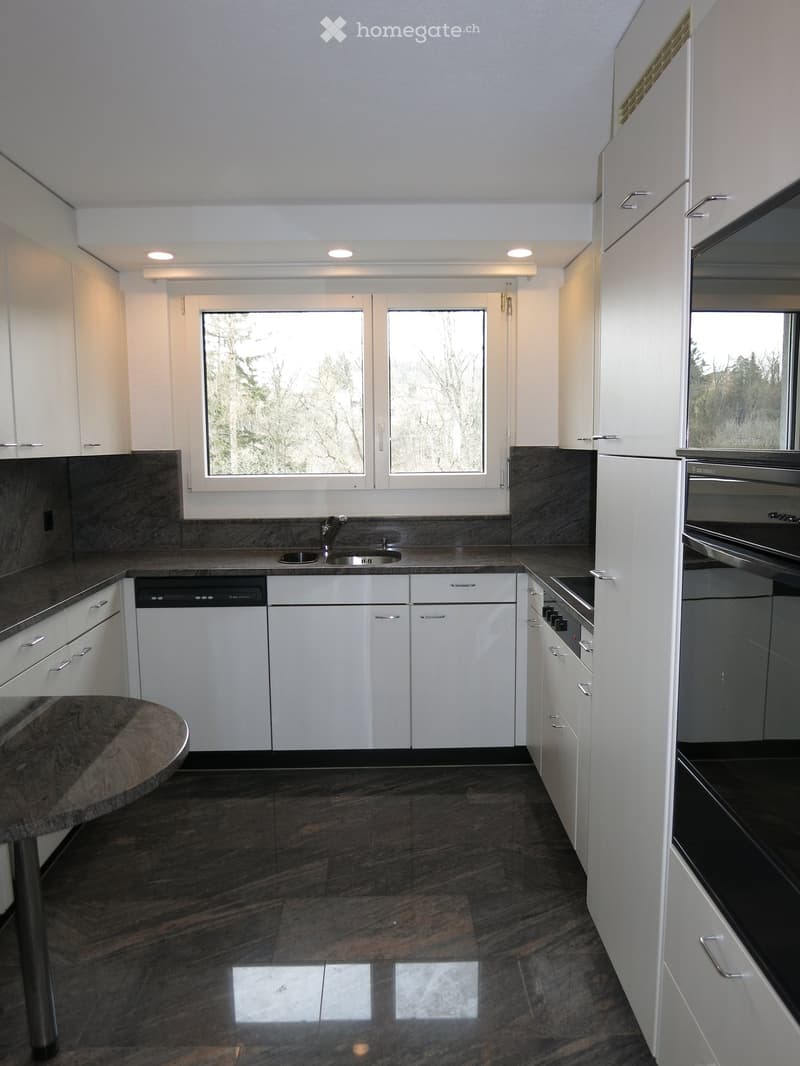 Modern kitchen with white cabinets, dark countertops, and a polished dark floor. Features include a sink, faucet, dishwasher, refrigerator, and oven.